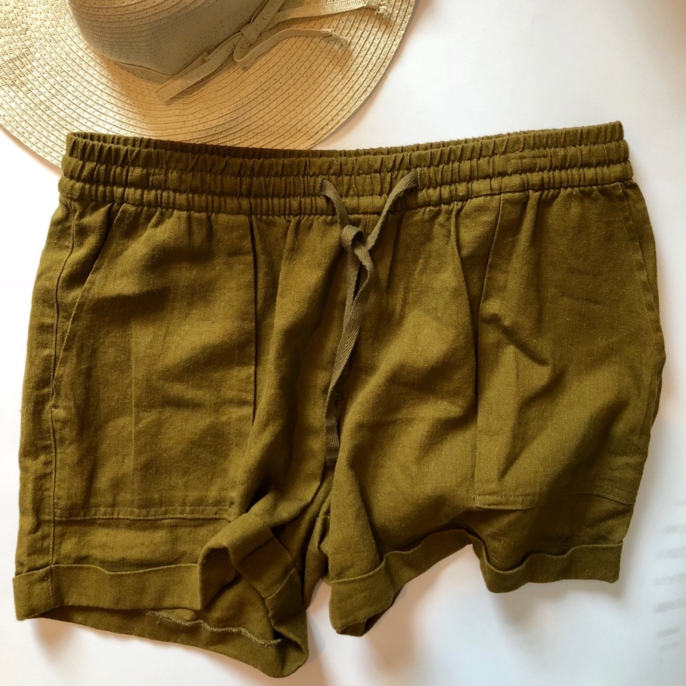 Olive green linen tie front shorts.